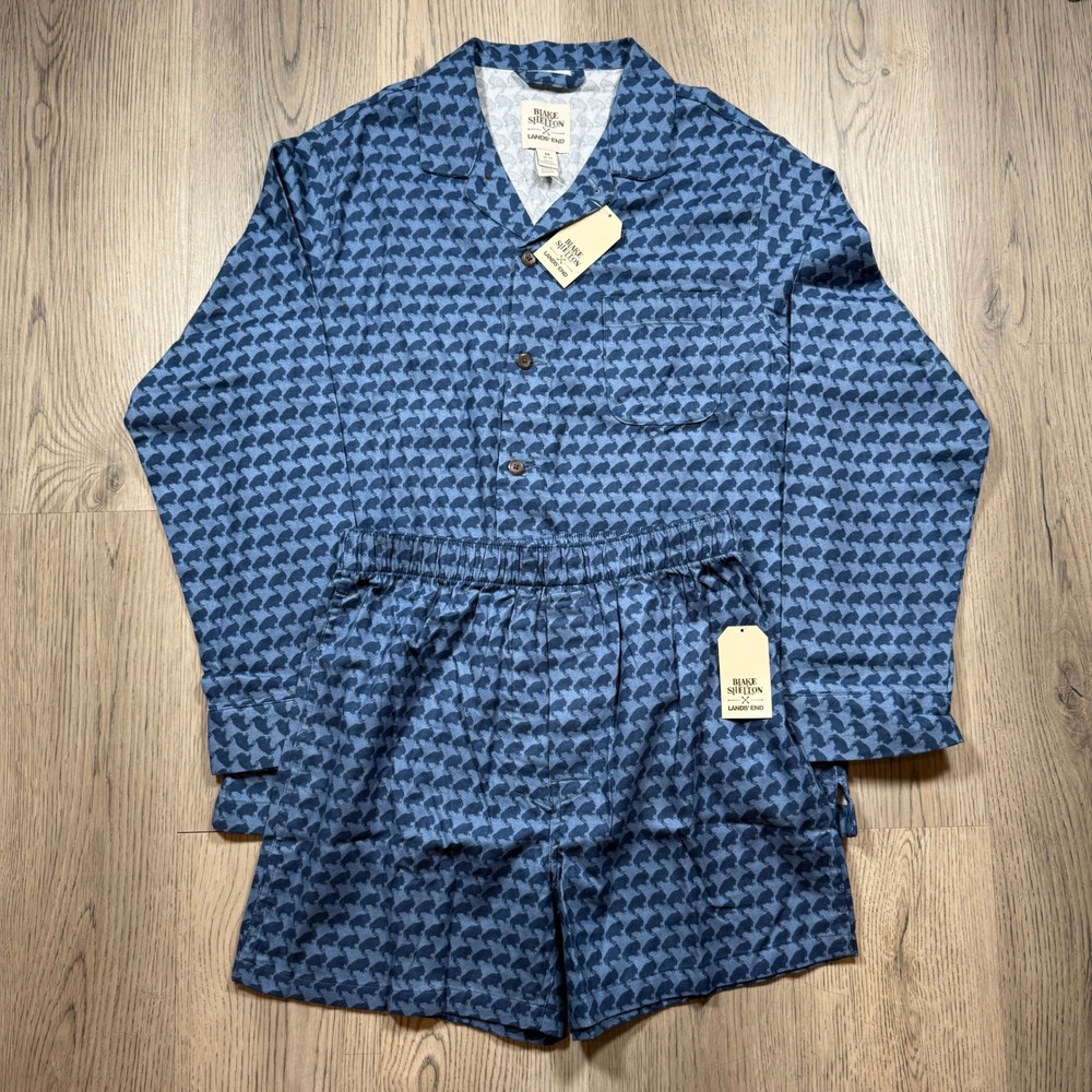 Blake Shelton x Lands End Mens Pajama Set Blue Buffalo Print 100% Cotton M NWT